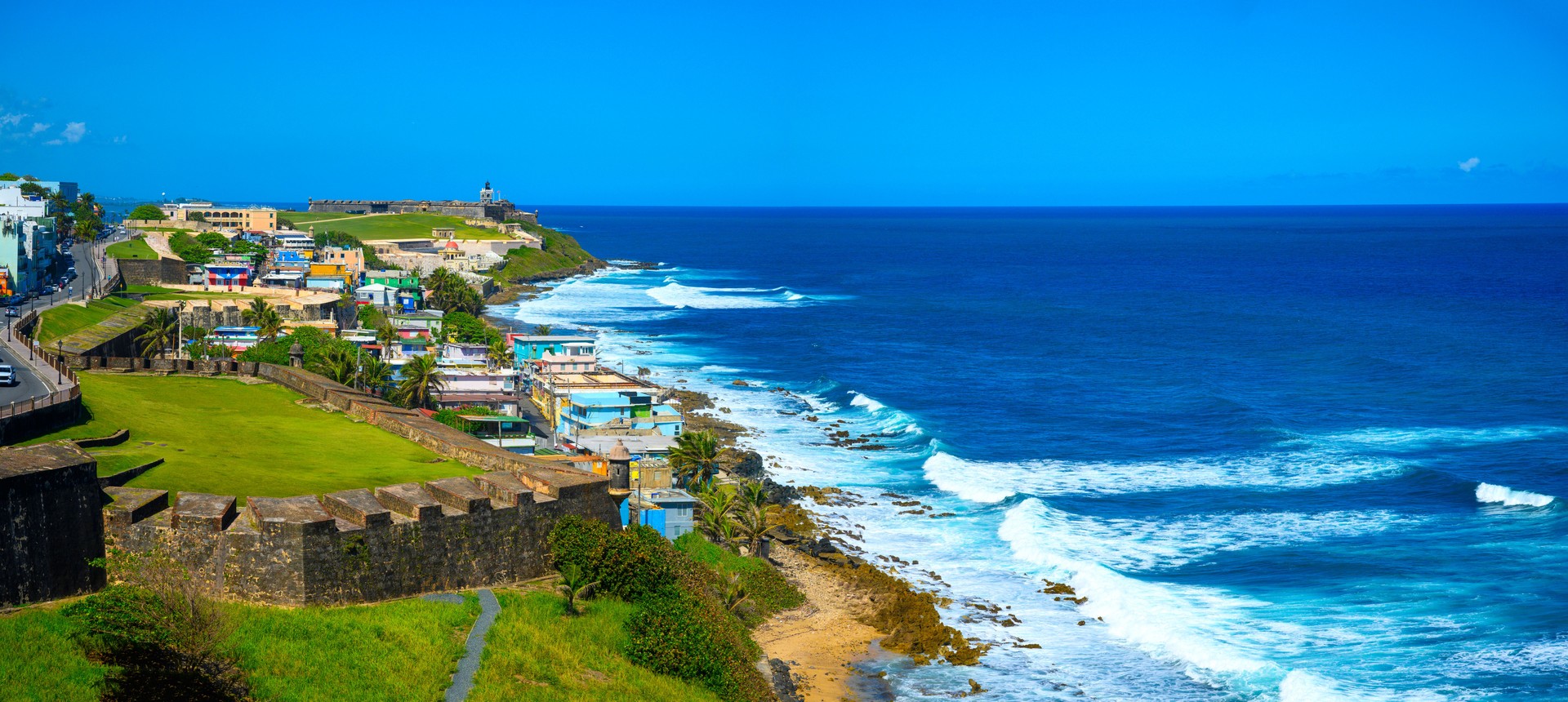 Old San Juan skyline and vibrant beauty of the tropical seascape of the Caribbean island of Puerto Rico