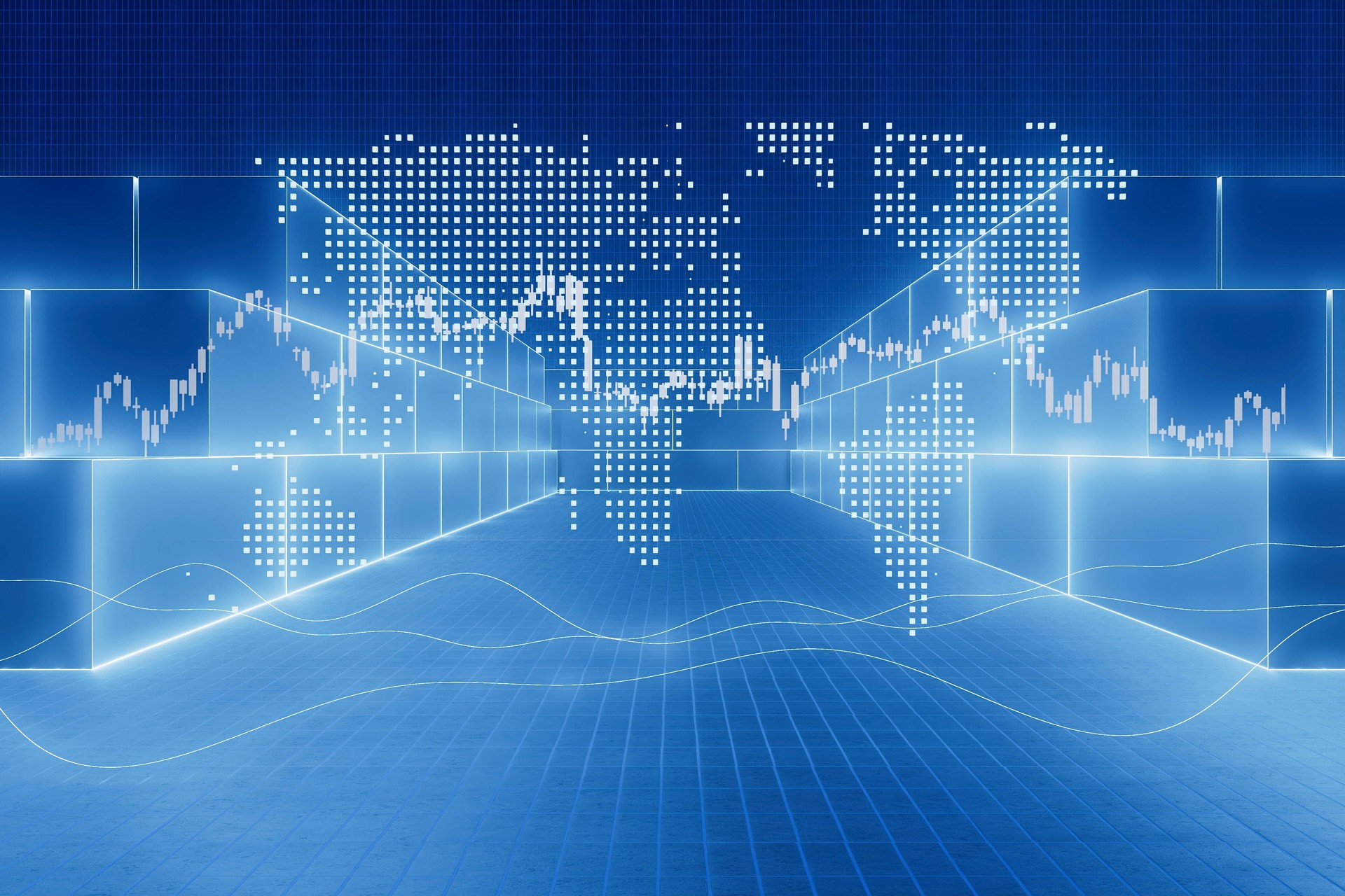 A blue background with a grid of squares and a globe in the middle
